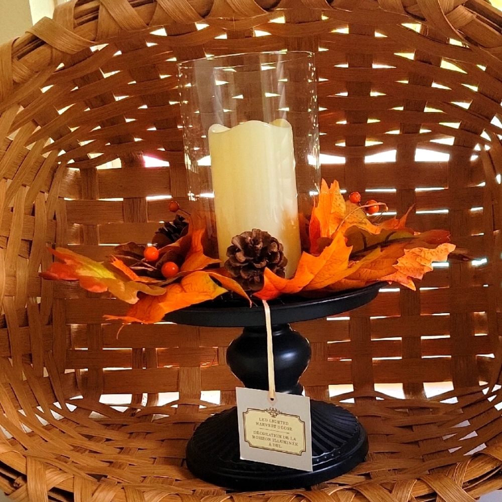LED DECOR/HARVEST CANDLE, Wellesley Manor, Orange Leaves/Pinecone Black Base.